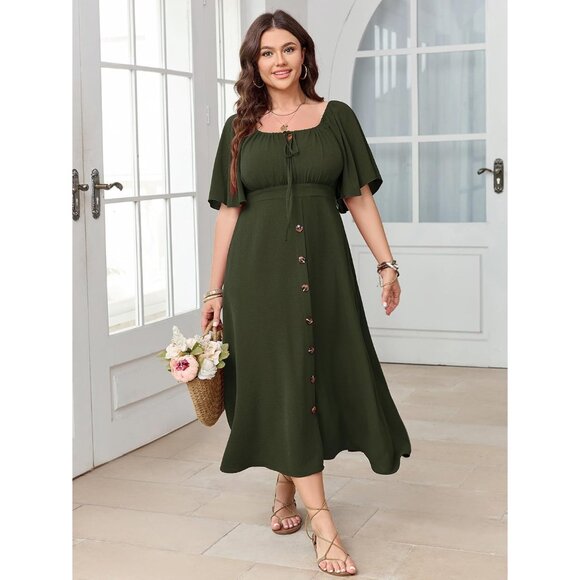 Plus Size Summer Dress Short Sleeve Square Neck Tie Front Boho Maxi - Picture 6 of 6